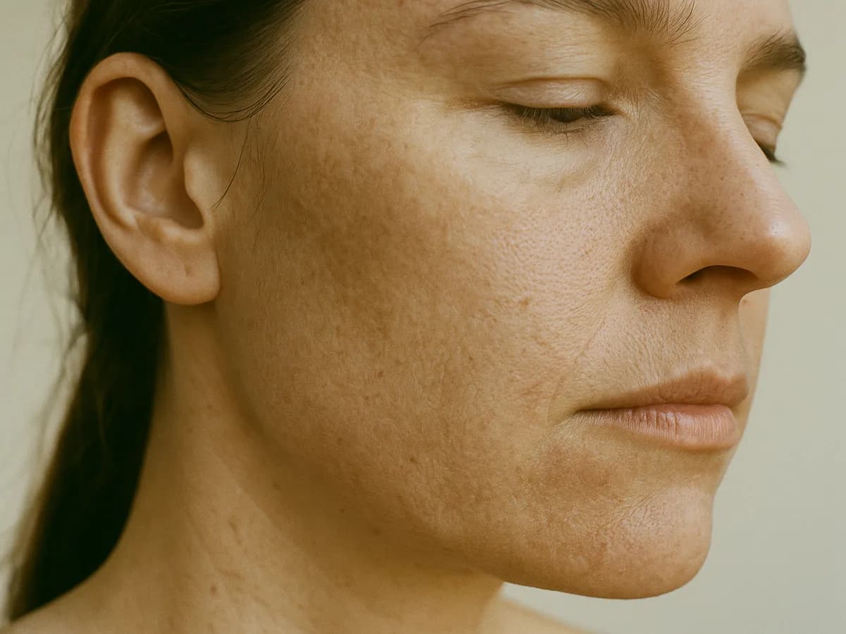 Skin before the routine — drier, with uneven tone