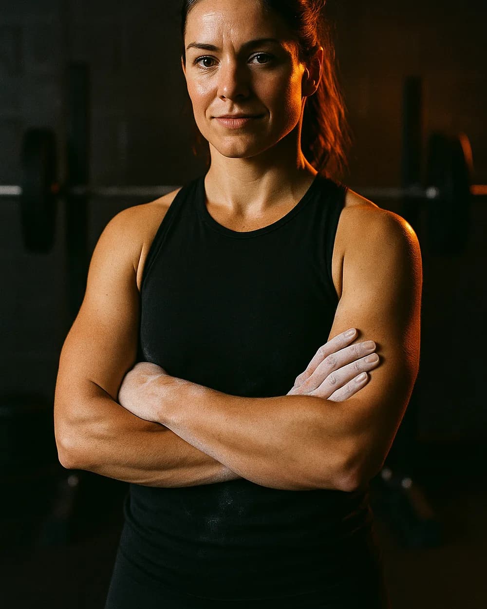 Mara Vance, hands white with chalk, ready to step under the barbell