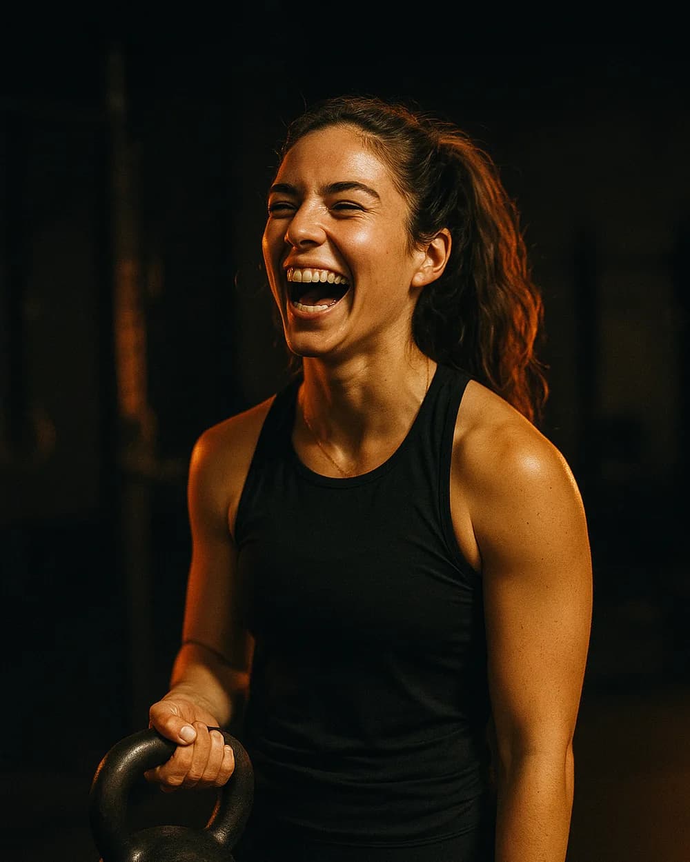 Lena Okafor laughing mid-session, kettlebell in hand