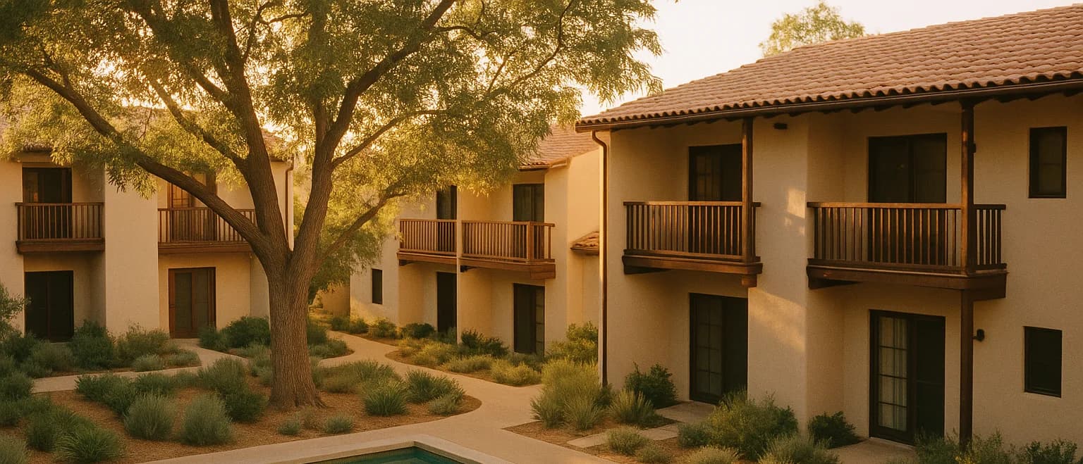 Golden-hour light over the Arbor & Vine courtyard — tile-roofed residences and balconies gathered around the oaks, the saltwater pool at the path's edge
