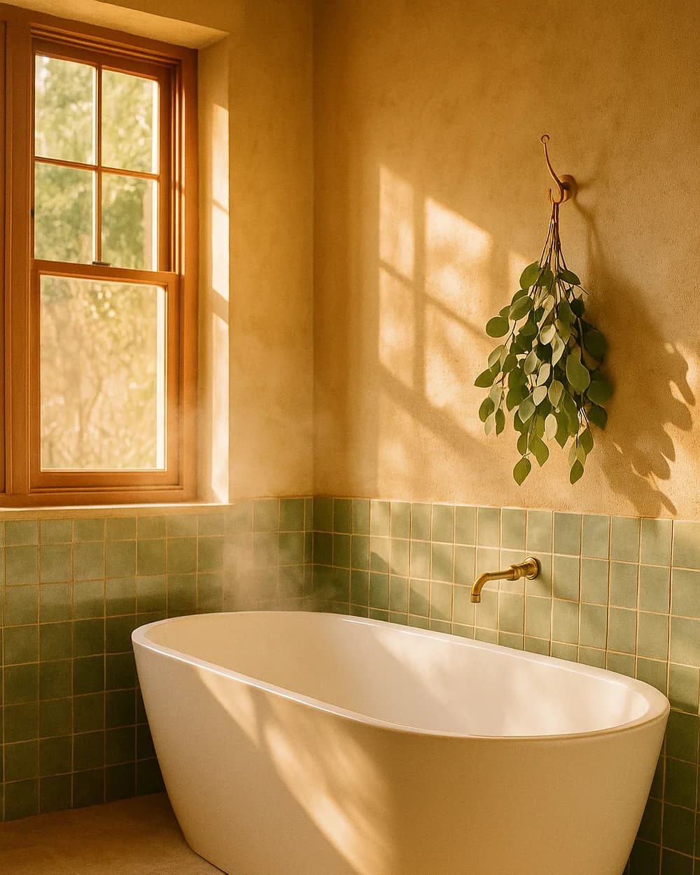 A freestanding tub against sage zellige tile in an Arbor & Vine garden bath, eucalyptus hung to dry beside the window