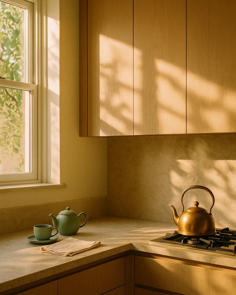 Morning light falling across the kitchen counters of an Arbor & Vine home — a brass kettle on the range, leaf shadows on the cabinets