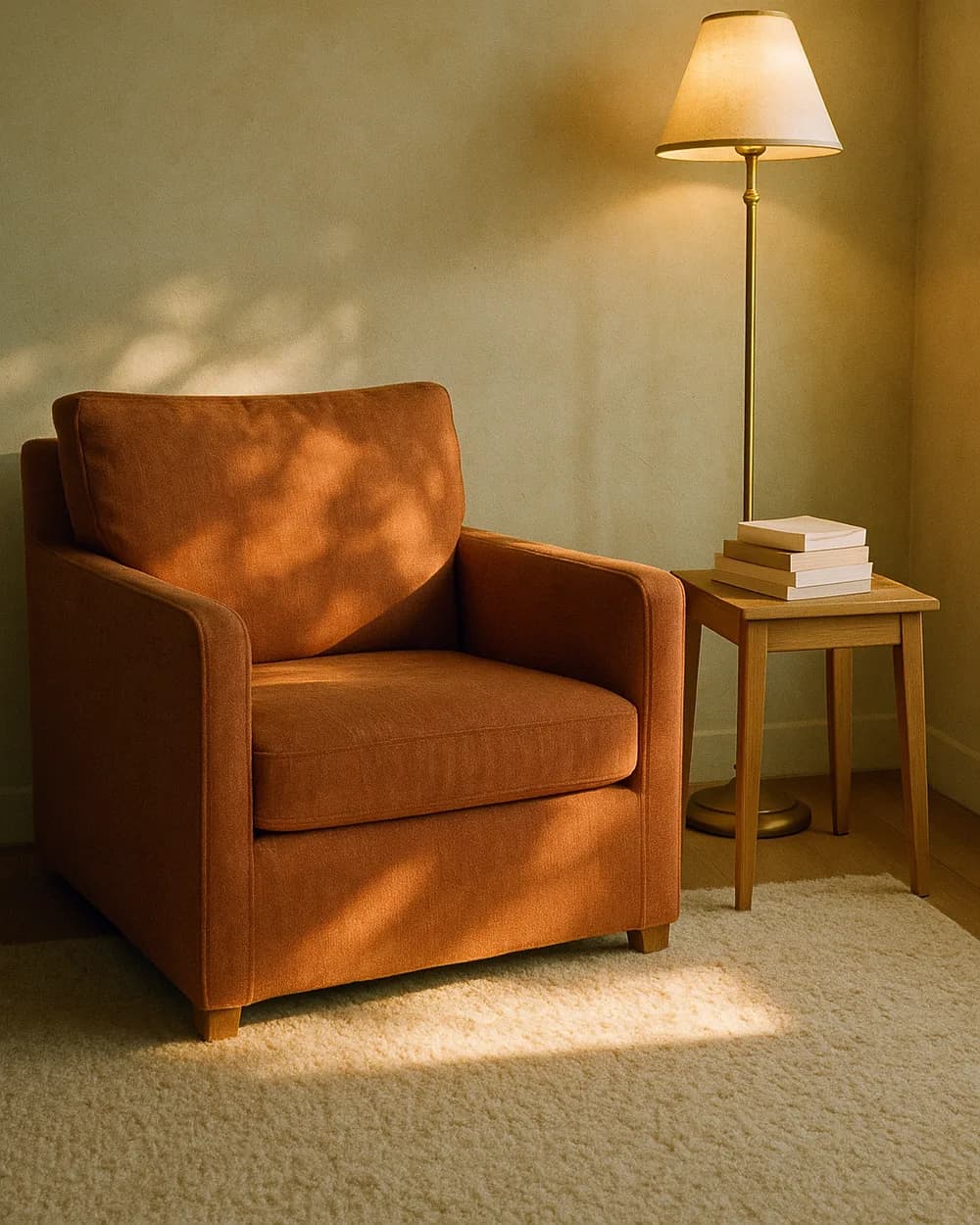 A terracotta armchair beside a lit floor lamp and a stack of books, catching the late-afternoon sun in an Arbor & Vine living room