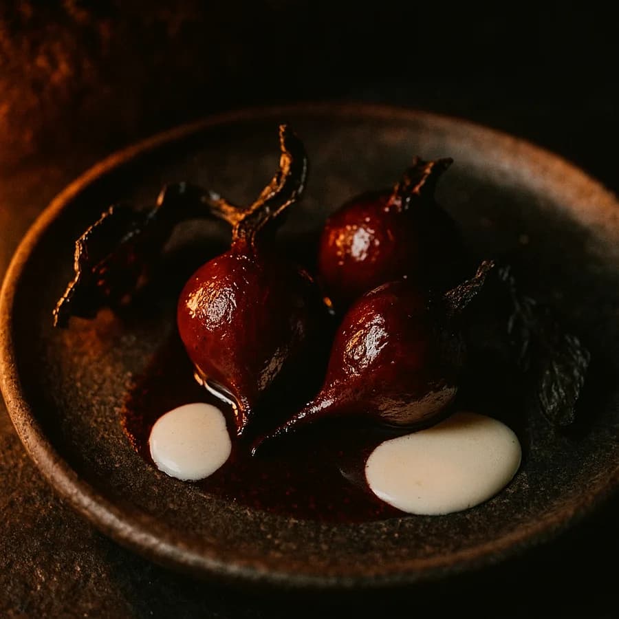 Three whole beets from the ash bed, lacquered in their own reduced juice on charred ceramic, pools of goat's whey beneath.