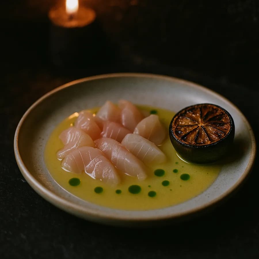 Gulf snapper crudo on salt-white ceramic — pale petals in charred-lime leche de tigre with beads of grilled-citrus oil and a blackened lime half. The one cold, bright plate of the night.