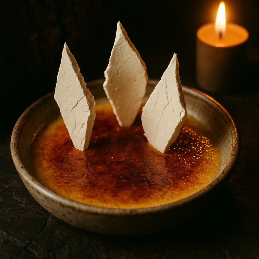 Burnt-honey custard in a stoneware dish, its torched surface set with three shards of hearth-dried meringue, a candle burning behind.