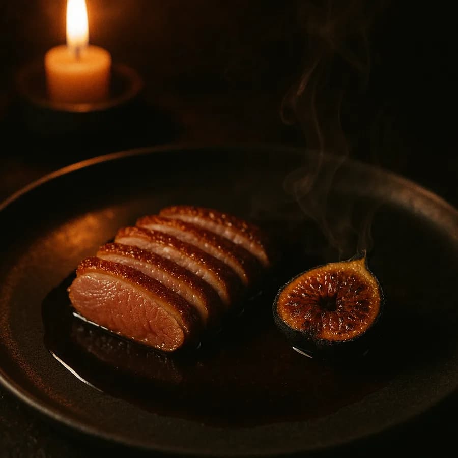 Twenty-one-day duck breast fanned in rosy slices over its dark jus, a burnt fig half smoking at its side.