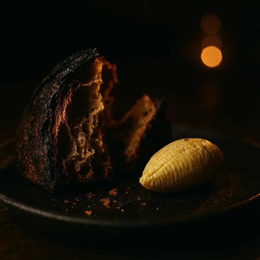 Hearth loaf torn open on dark stoneware, the crumb still steaming, a ridged quenelle of pecan-smoked butter alongside.
