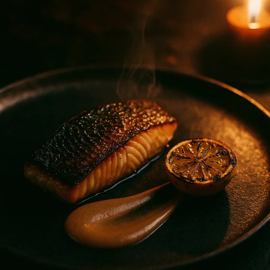 Redfish fillet with blistered, salt-flecked skin, smoke still rising, beside a charred citrus half and a swept line of brown butter.