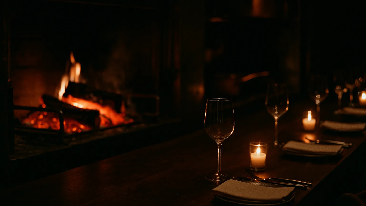 The counter at night — places set with linen and wine glasses in candlelight, the open hearth burning at the far end of the room.