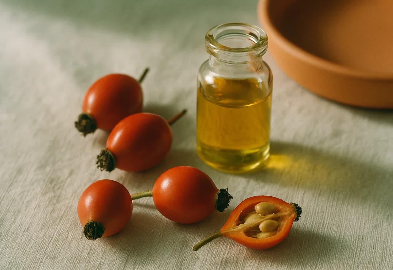 Rosehip berries cut open beside a vial of cold-pressed golden oil