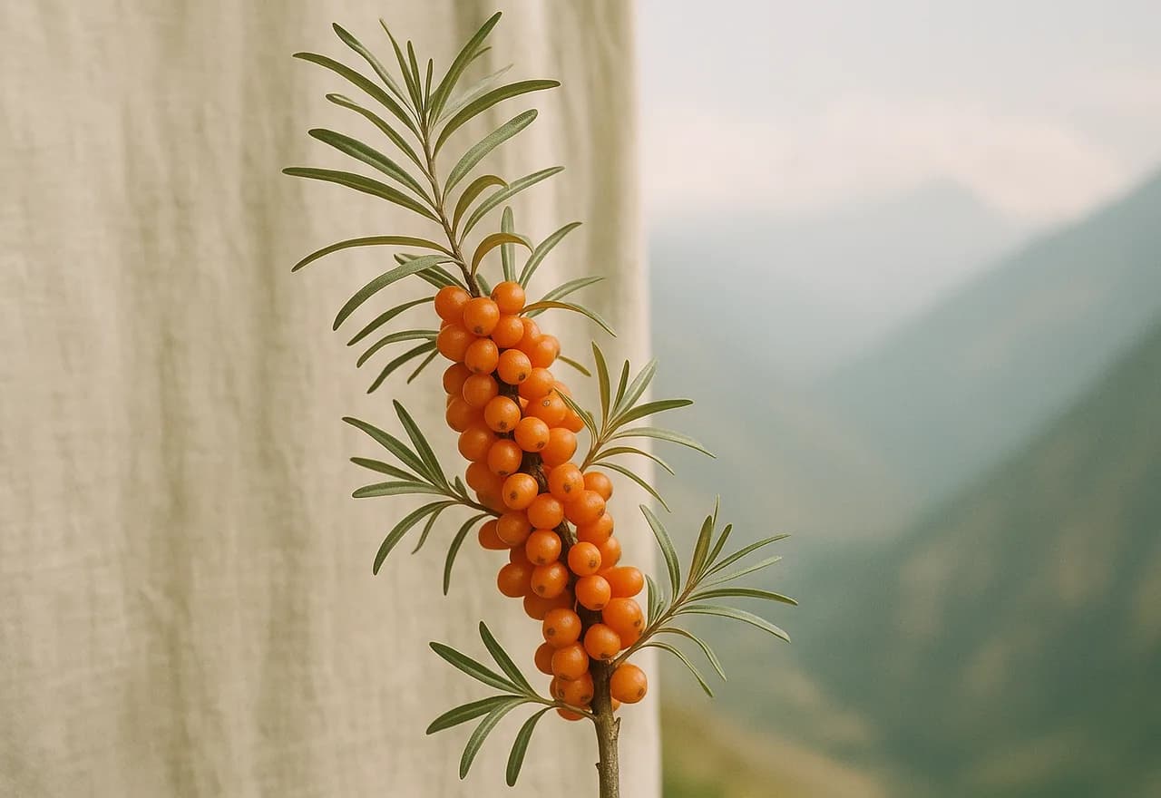 A sea buckthorn branch heavy with orange berries in high-altitude light