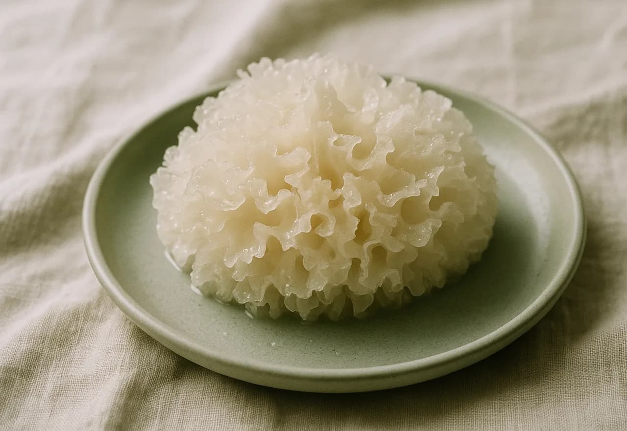 A translucent snow mushroom holding fine water droplets on a sage ceramic plate
