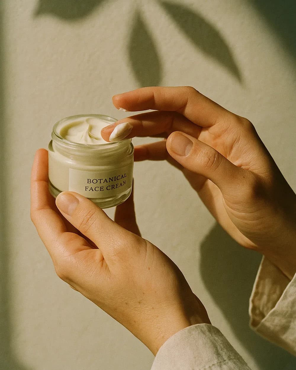 Hands pressing a botanical cream into the skin, a linen sleeve rolled back at the wrist