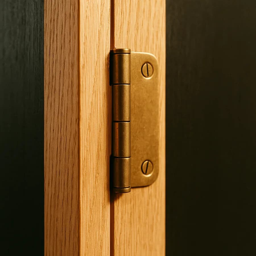 Close-up of an unlacquered brass hinge let flush into rift-sawn white oak, the first patina just starting to show