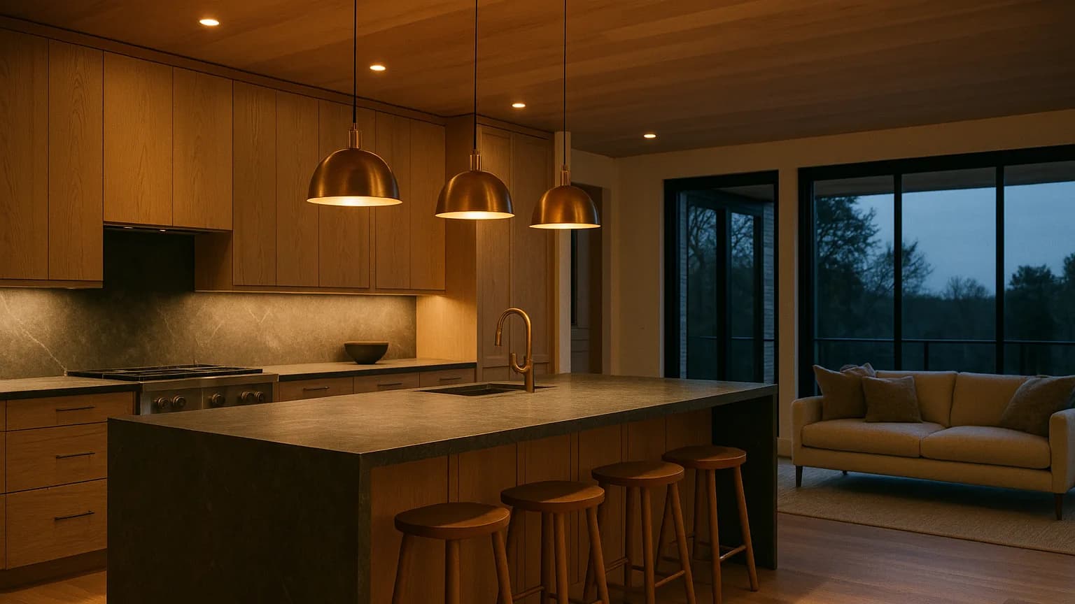 A finished Northline whole-home remodel photographed at dusk — new steel windows glowing warm from every room, the addition reading as if it had always been there