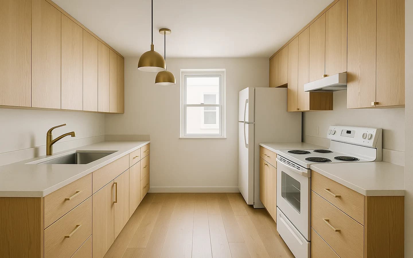 The same kitchen today — rift-sawn white oak cabinets, honed stone counters, and brass pendants over an island that seats four