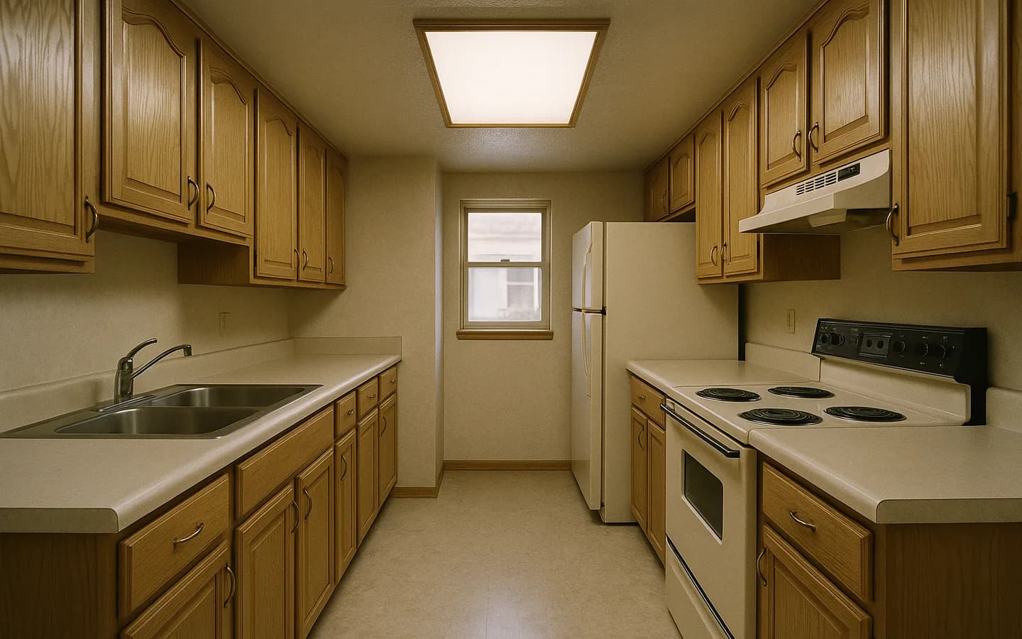 The kitchen in 1989 — oak veneer cabinets, laminate counters with a four-inch lip, and one fluorescent troffer