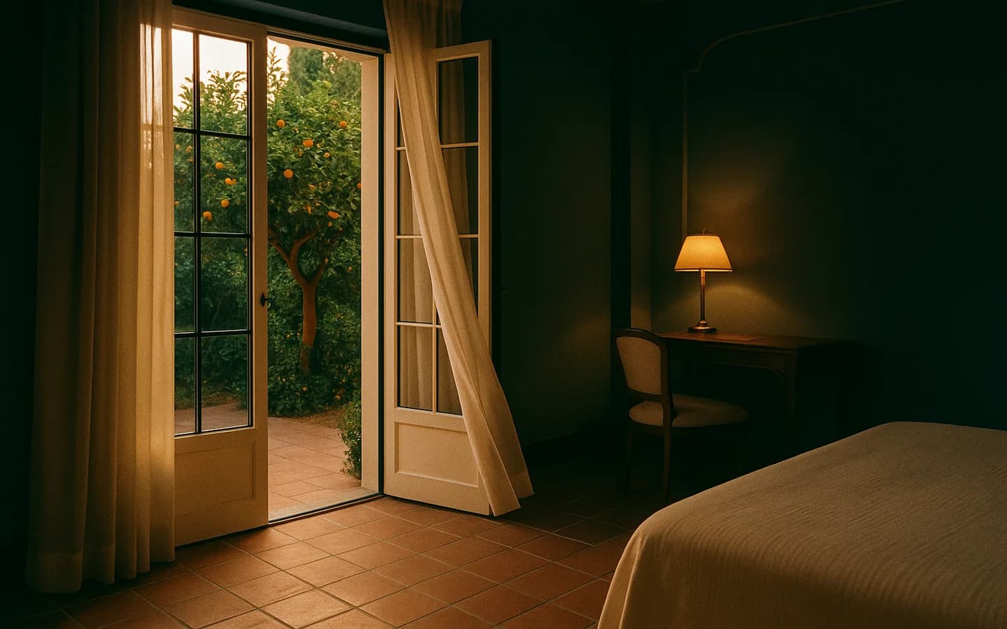 The Garden Room in the evening's last gold light, the lemon terraces just beyond its windows.