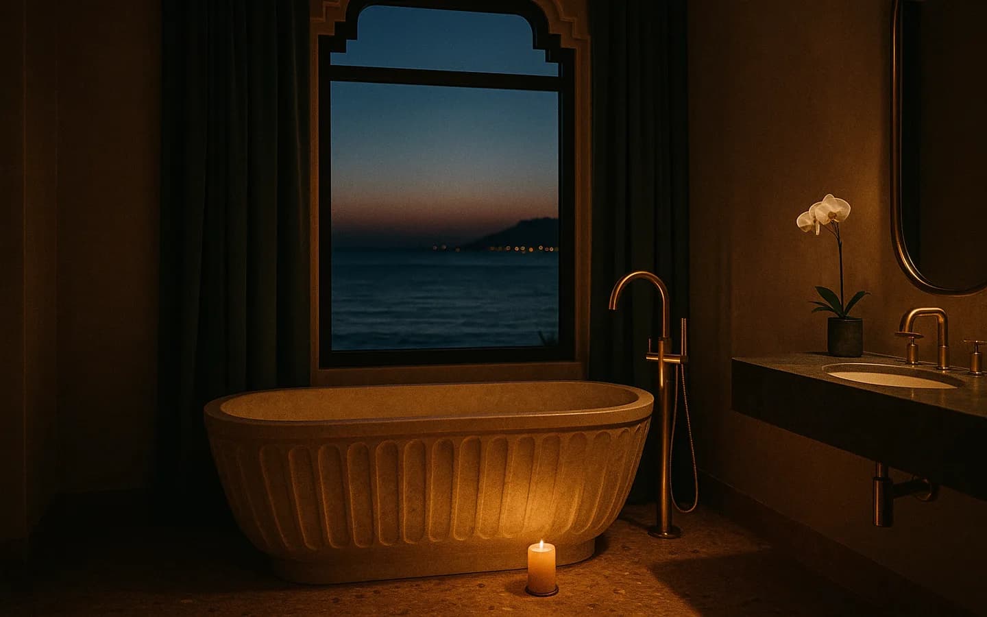 The Penthouse terrace at dusk, its stone bath looking straight out over the sea.