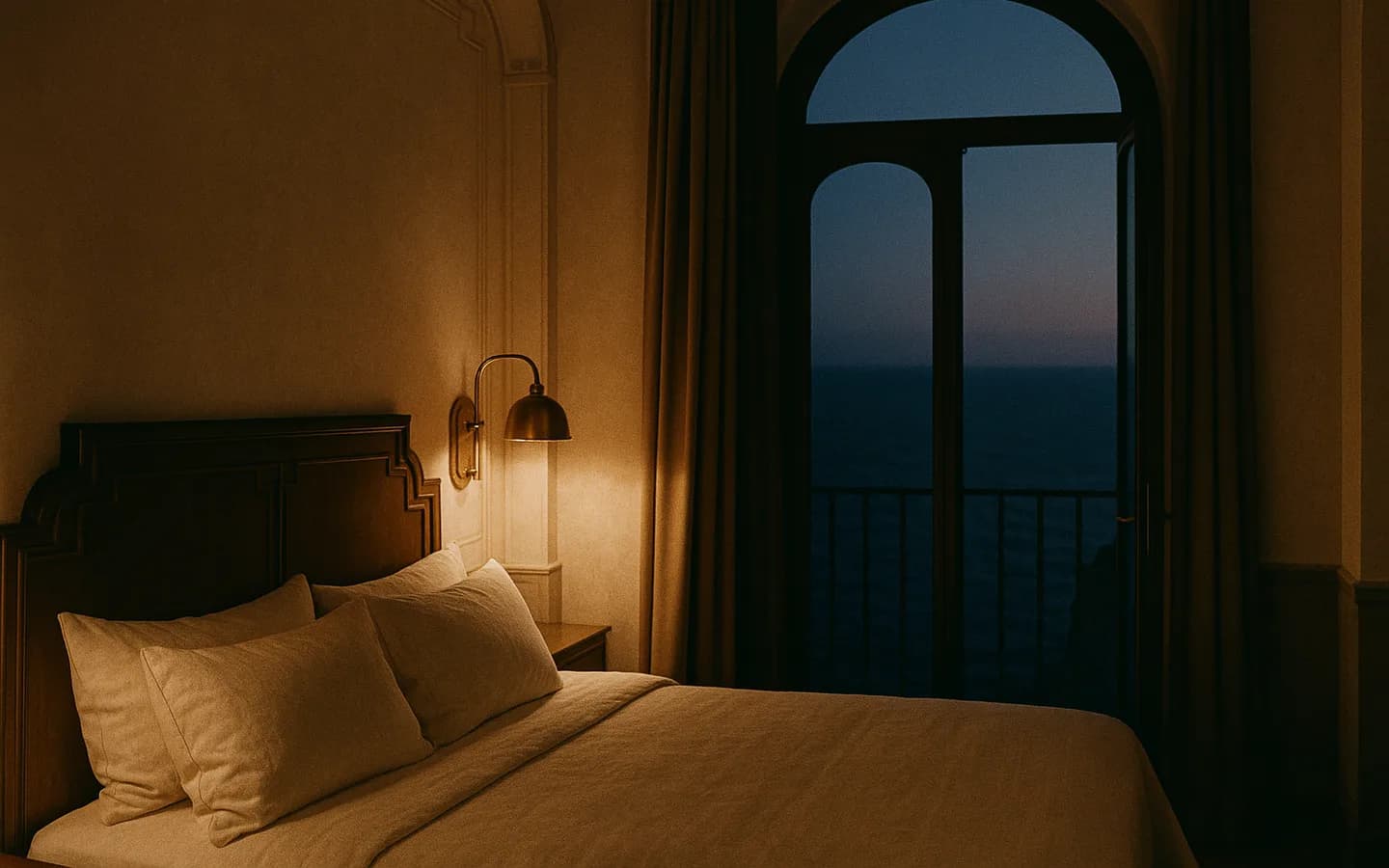 The Sea Room at dusk — the bed turned to its arched window, nothing beyond the glass but open water.