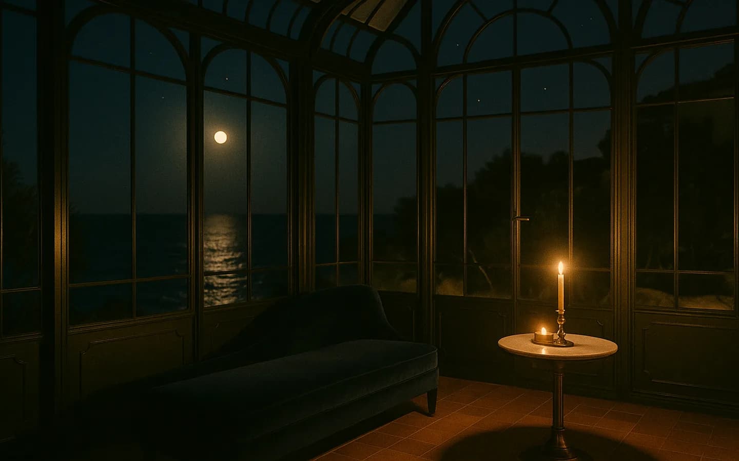 The Solarium at night — candles lit, the moon laying its path on the sea through a fan of glass.