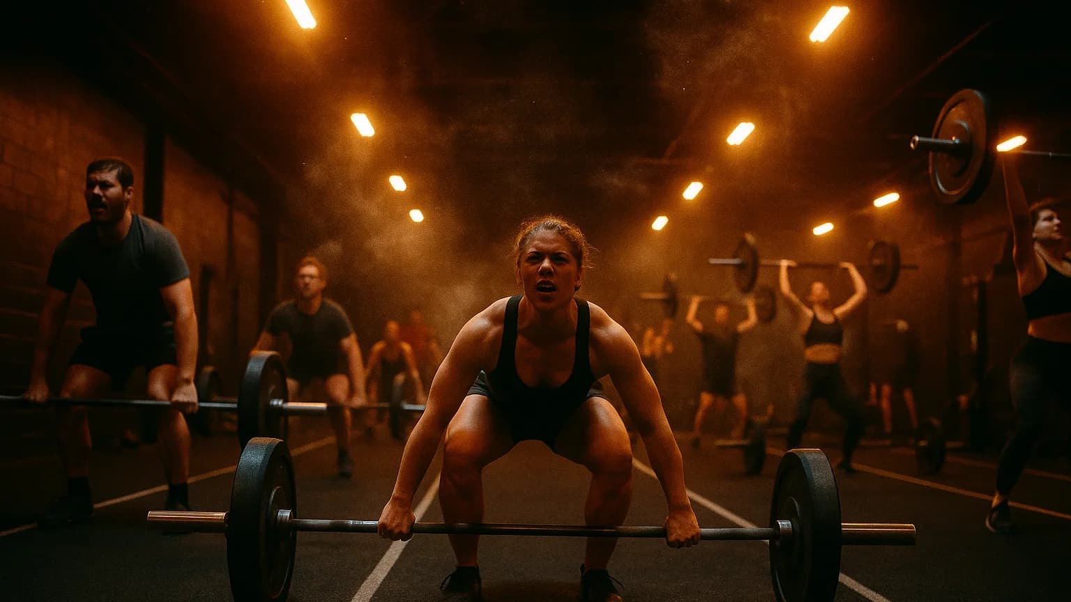 A packed Torchlight class mid-lift, chalk dust hanging in the warm orange light